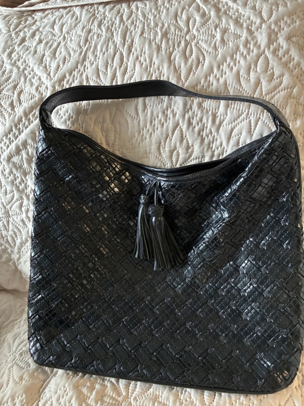 Patricia Nash Leather Black Woven Leather Shoulder Bag with Tassel.